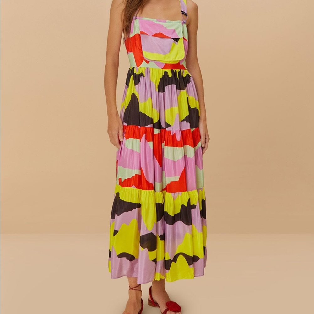 FARM Rio Multicolor Abstract Print Tiered Midi Dress